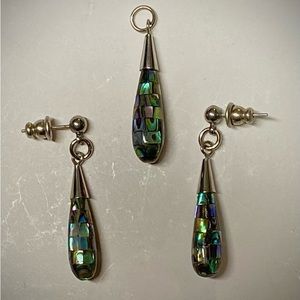 Sterling Silver checkered abalone inlay earrings and pendant